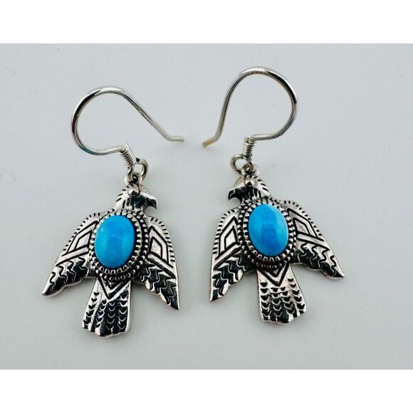 Vtg DJoy Sterling Silver and Turquoise Cabochon Thunderbird Hook Earrings - Picture 1 of 4